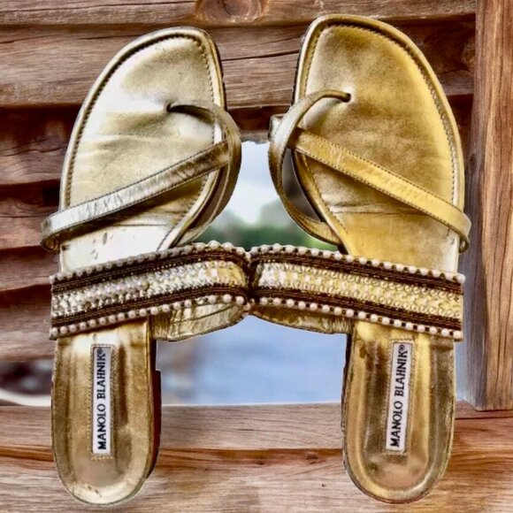 Manolo Blahnik THONG Gold Sandal Beads Rhinestones - Picture 6 of 14